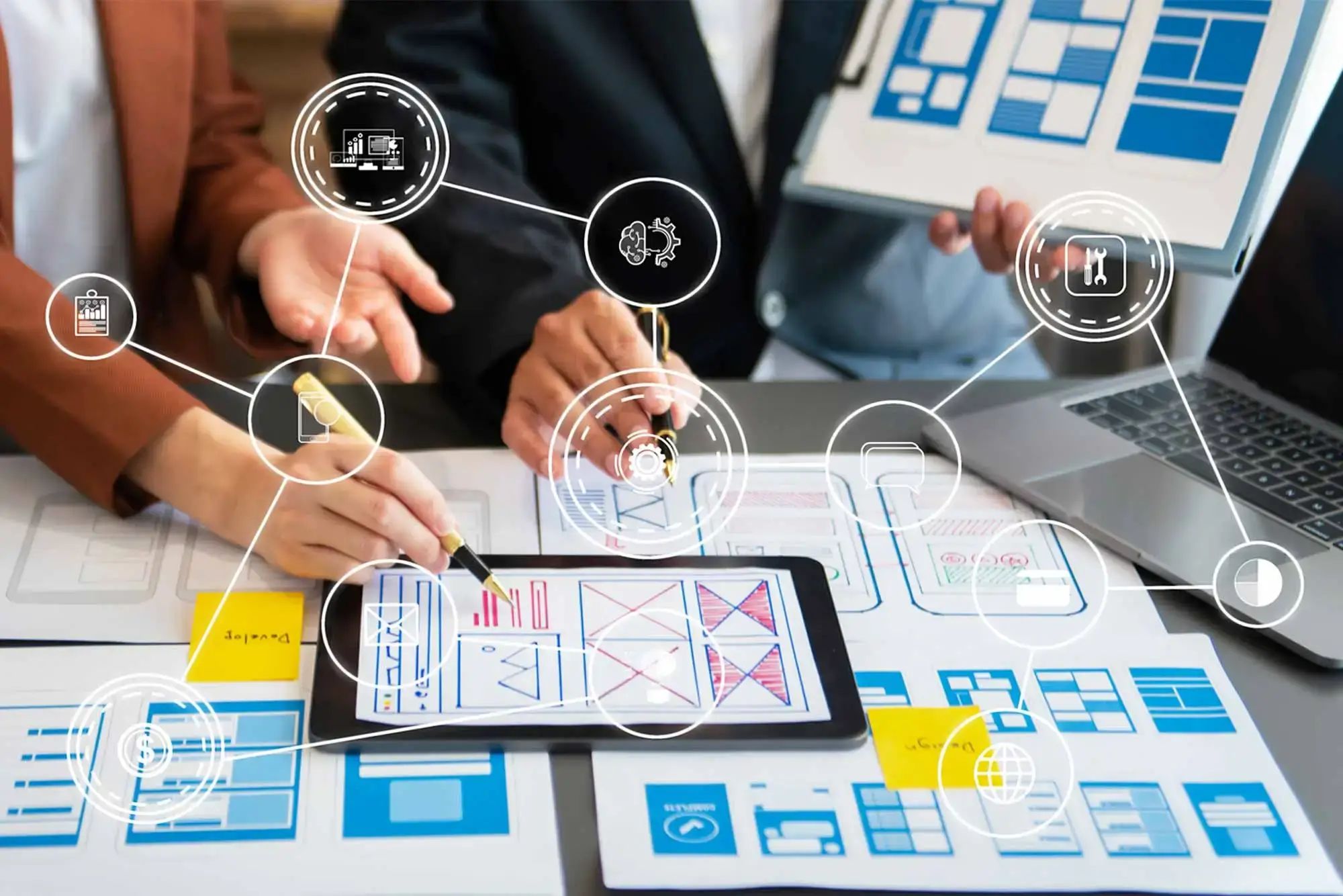 Developers collaborating on a web app project