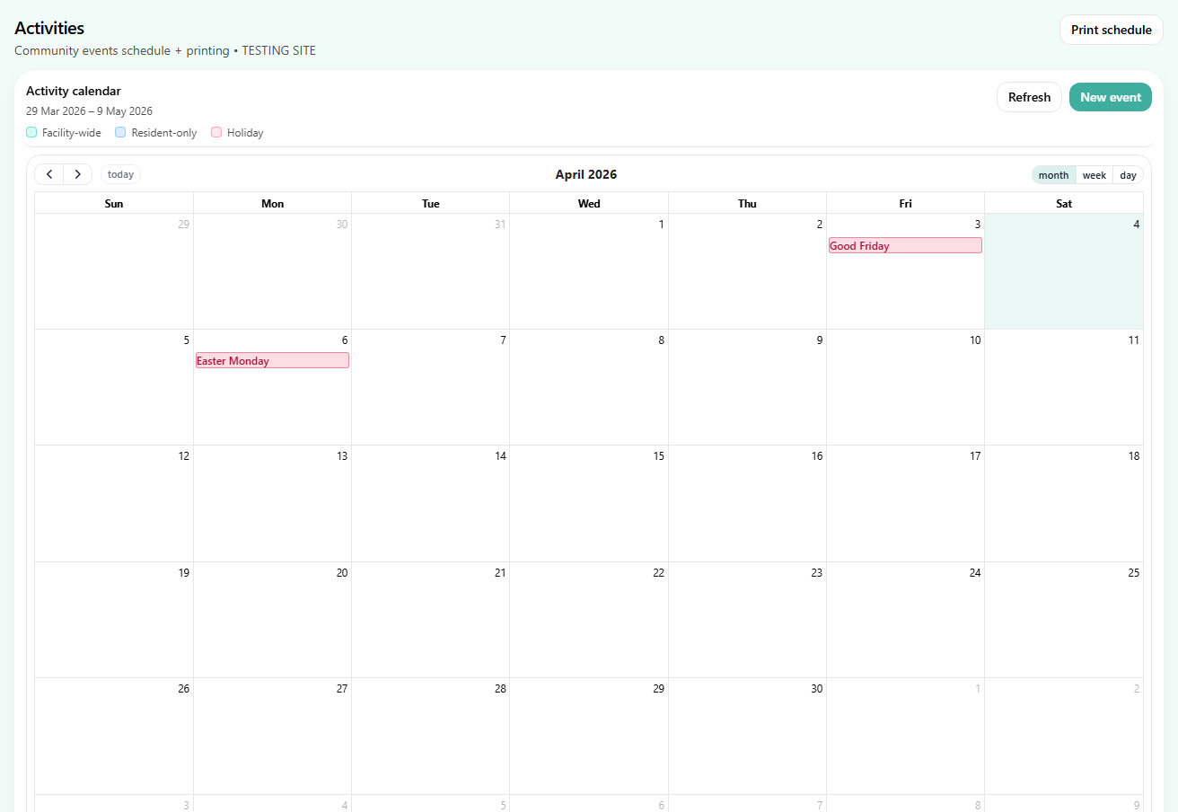 ZenCare activities calendar