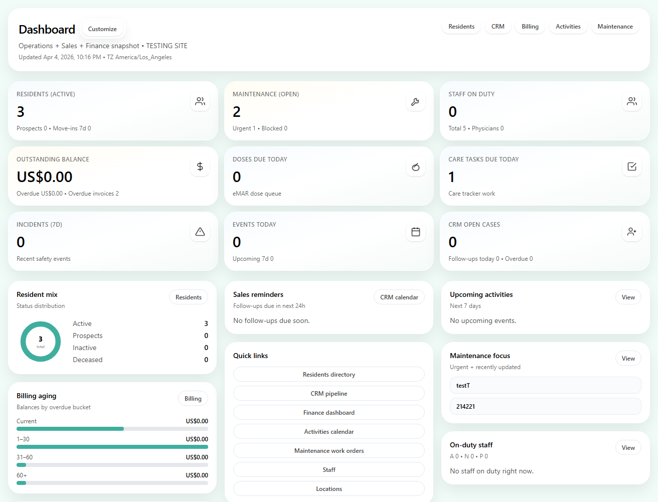 ZenCare dashboard with overview and alerts