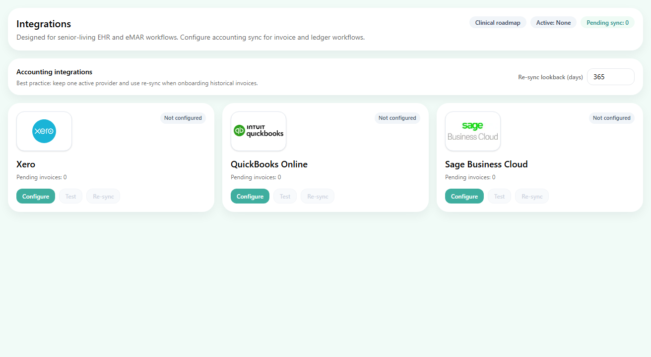 ZenCare integrations page with accounting providers