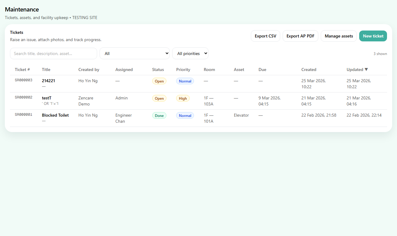 ZenCare maintenance tickets and facility upkeep