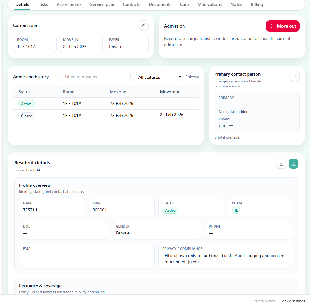 ZenCare resident admission and details preview