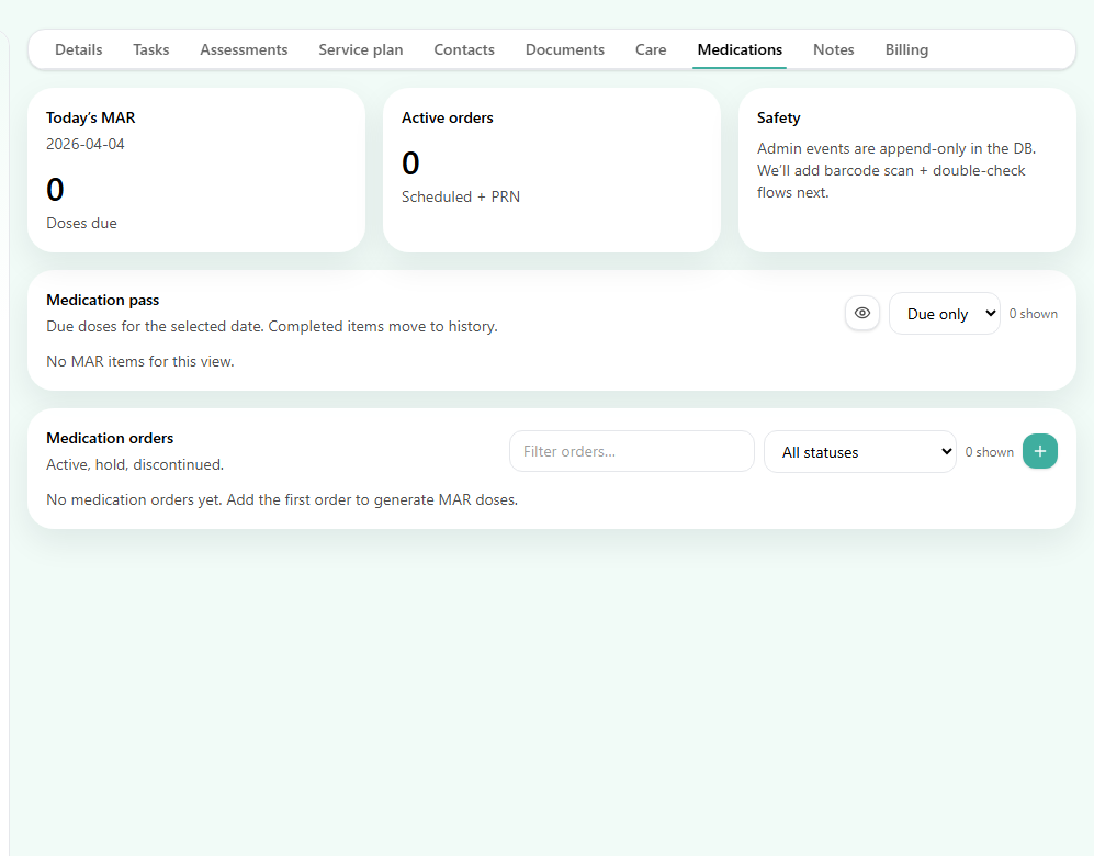 ZenCare medications workspace with MAR and orders