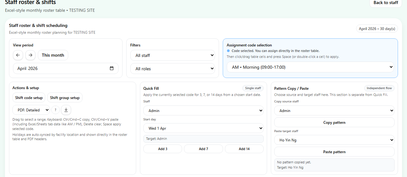 ZenCare staff roster and shifts planning workspace