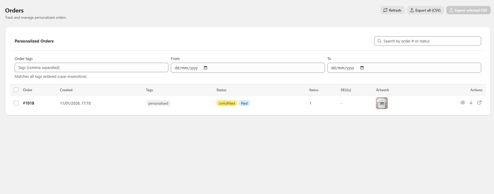ZenMerch admin orders list